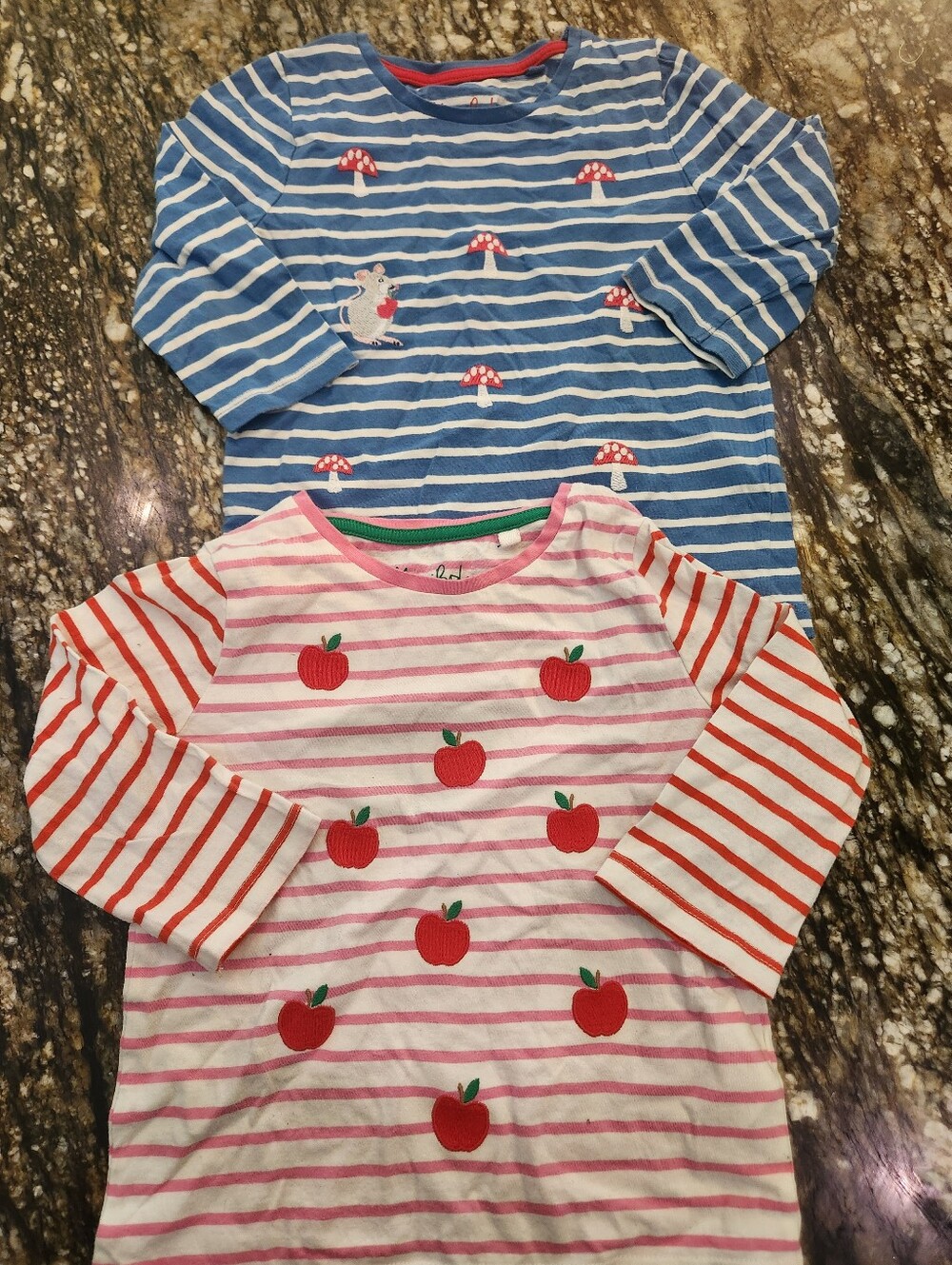 Mini Boden Girls Blue Striped Mushroom + Pink Striped Apple Long Sleeve Tops